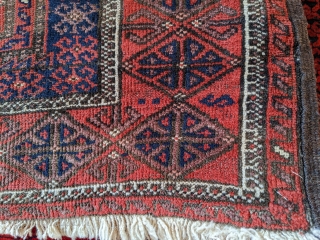 Early 1900s Yaqub Khani Baluch rug with a few chickens woven in. Natural dyes with a great purple.               