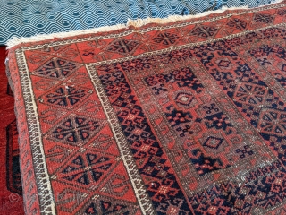 Early 1900s Yaqub Khani Baluch rug with a few chickens woven in. Natural dyes with a great purple.               