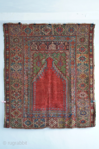 Early 1800s Mudjur prayer rug. 5'3" x 4'7" or 260 x 140cm. Contact me at steven.malloch@gmail.com or gerrerugs@gmail.com               