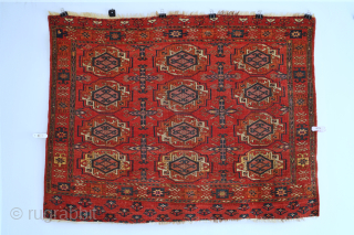 Mid 19th century Ersari chuval with a good range of colors. 5'3" x 4'2". It has some silk highlights. No holes or tears. Contact me at steven.malloch@gmail.com or gerrerugs@gmail.com    