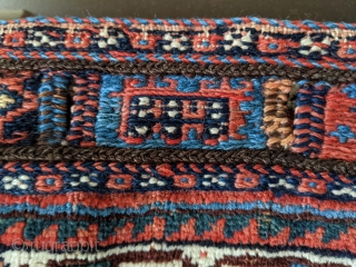 Antique Afshar bag. 2ft1in x 2ft8in. Great design on a deep indigo field. Wonderful rich colors throughout and the sumak weaving on the top of the bag is in perfect condition with  ...