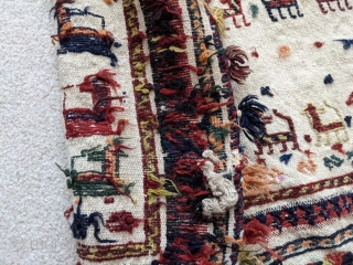 Early 1900s. Qashqai horse blanket or cover. 4ft7in x 5ft. Wonderful repeating animal figures with a few silk braids woven in here and there. A few scattered small holes but overall great  ...