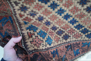 Antique symmetrically knotted Baluch rug with camel hair field. Great pile condition. Please contact me at Steven.malloch@gmail.com or gerrerugs@gmail.com for purchase or questions.          