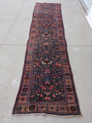 Antique Kurdish runner with gorgeous colors and full pile. 3ft6in x 15ft1in or 106x460cm. Wool on wool foundation. There are a lot of animals on this runner.

Let me know if you need  ...