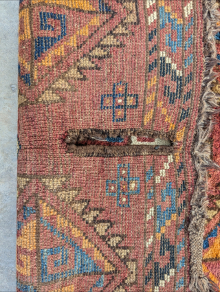 Antique Uzbek saddle rug. Thick, full, and soft pile with natural dyes. There's one repair near the center but in great condition. Recently washed. Please contact me at steven.malloch@gmail.com or gerrerugs@gmail.com for  ...