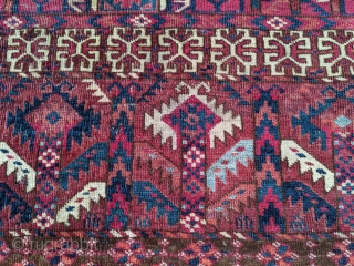 Beautiful 19th century Tekke Turkmen ensi. 4'8" x 5'5" or 165 x 142cm. Striking light blue and the pinkish red is cochineal based on color and it being the only 6ply wool.

Good  ...