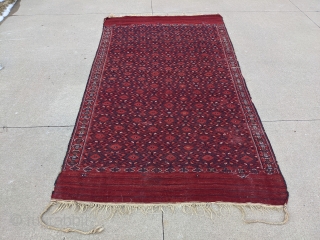 Stunning merlot red Yomud Turkmen palas kilim. 5'8" x 10'8". This is one of the older ones, likely circa 1900. These are a tight woven kilim with wool embroidery for the design  ...