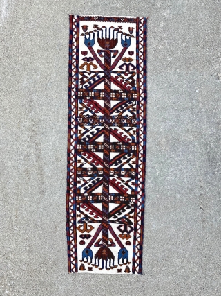 Beautiful antique Turkmen tent band fragment. Circa 1900. Great light blue. 1'2" x 4'0"                   