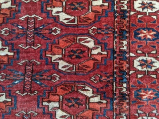 19th Century Tekke rug with rare, older elem design. 4ft x 5'2". Wonderful, deep madder red with dark and light blues. Both elems have a different pattern. 2/3rds full pile and the  ...