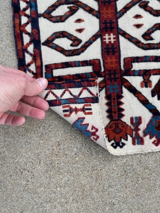 Antique Turkmen tent band with great light blue. Circa 1900.
1'2" x 3'2" The last of two pieces of this tent band that I have.         