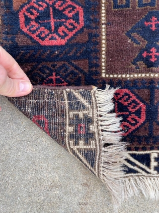 Antique Baluch bag face. Wonderful border and pile. 2'3" x 2'5". Soft wool with one hole.                 