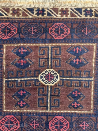 Antique Baluch bag face. Wonderful border and pile. 2'3" x 2'5". Soft wool with one hole.                 