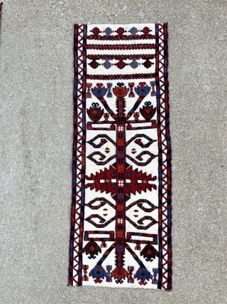 Antique Turkmen tent band with great light blue. Circa 1900.
1'2" x 3'2" The last of two pieces of this tent band that I have.         