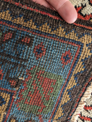 Colorful Quchan Kurd rug. Note the birds in-between the secondaries and the border. 3'2" x 5'4". Available.

Contact me at steven.malloch@gmail.com or gerrerugs@gmail.com           