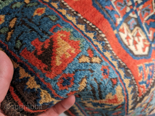 Colorful Quchan Kurd rug. Note the birds in-between the secondaries and the border. 3'2" x 5'4". Available.

Contact me at steven.malloch@gmail.com or gerrerugs@gmail.com           