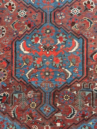 Late 19th century Khamseh rug. Triple boteh border with 4 large peacocks. Great colors. 4'9" x 6'4"                