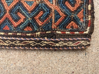 Gorgeous sumak Antique Baluch bag/ chanteh. 11" x 11.5" or 28 x 29cm. This is one of more attractive pieces I've owned. I've also heard similar pieces labeled as Chahar Aimaq.

Cheers.  