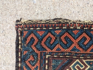 Gorgeous sumak Antique Baluch bag/ chanteh. 11" x 11.5" or 28 x 29cm. This is one of more attractive pieces I've owned. I've also heard similar pieces labeled as Chahar Aimaq.

Cheers.  