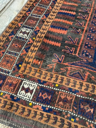 Antique Sistan Baluch rug with camel hair border and the qalam dani design. Unusual size for a qalam dani.

3'7" x 5'6"            