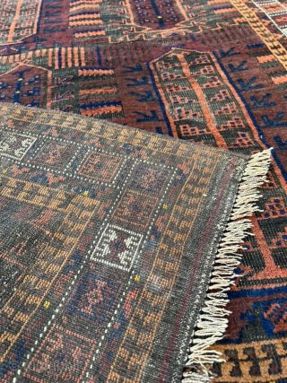 Antique Sistan Baluch rug with camel hair border and the qalam dani design. Unusual size for a qalam dani.

3'7" x 5'6"            