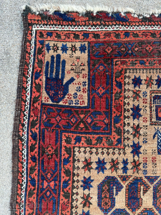 One lonely chicken on the top of this old Baluch prayer rug with hands on the panels. Depressed warps. 2'5" x 4'7". Contact me at steven.malloch@gmail.com or gerrerugs@gmail.com for more info since  ...