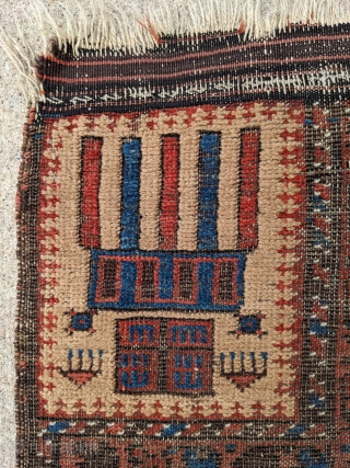 19th Century Baluch prayer rug. It has a border common to Timuri rugs. These are the most stylized hands I've seen on hand panel Baluch rug. Great piece overall. 2'11" x 4'1"  ...