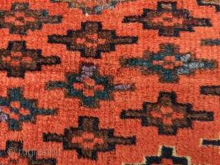 Wonderful 19th Century Chodor dowry rug. Love this shade of red and blue and purple silk highlights throughout. No holes. Almost full, thick pile throughout.

3'10" x 4'8" or 116 x 142cm  