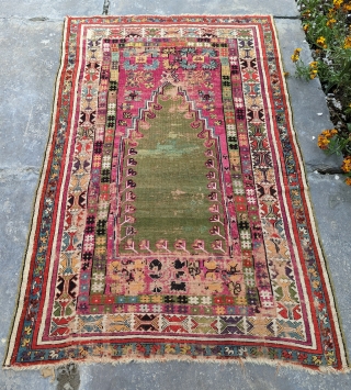 19th century Kirsehir prayer rug. Natural dyes, and a lot rare green and pinks. It folds like a cloth. 4'0" x 6'0" or 122x183cm. Contact me at: steven.malloch@gmail.com or gerrerugs@gmail.com   