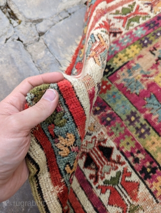 19th century Kirsehir prayer rug. Natural dyes, and a lot rare green and pinks. It folds like a cloth. 4'0" x 6'0" or 122x183cm. Contact me at: steven.malloch@gmail.com or gerrerugs@gmail.com   