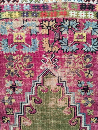 19th century Kirsehir prayer rug. Natural dyes, and a lot rare green and pinks. It folds like a cloth. 4'0" x 6'0" or 122x183cm. Contact me at: steven.malloch@gmail.com or gerrerugs@gmail.com   