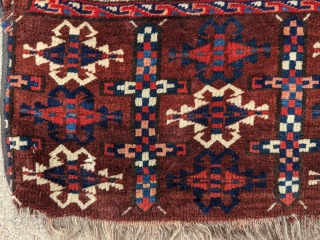 Old Yomut chuwal / chuval. Beautiful unique elem with goat hair warps. Great range of colors. 2'7" x 4'4" or  79 x 132cm.

Cheers.         