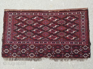 Old Yomut chuwal / chuval. Beautiful unique elem with goat hair warps. Great range of colors. 2'7" x 4'4" or  79 x 132cm.

Cheers.         