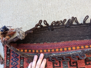 Baluch "camel" bag. 2'3" x 3'5" or Great colors and 69 x 104cm. Handmade buttons and beads. Goat hair loops. Some calls this size a camel bag. Great condition    