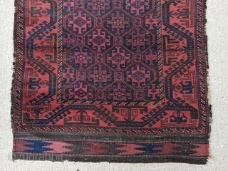 Antique Baluch rug with original kilim ends and sides. 3'2" x 6'6" or 97 x 198cm. Great pile and no holes. Wonderful piece with solid natural dyes. Sides could use rewrapped in  ...