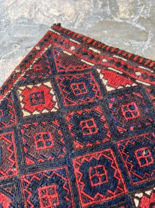 Antique Baluch soumak chanteh, complete with both sides. These are fine and hard to come by. 30 x 35cm or 1'0" x 1'2".          