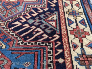 19th Century Caucasian fragment. 2'5" x 3'5" or 74 x 104cm. Beautiful colors and can still be used as a scatter rug or collectible piece as an older one. 

Cheers.   