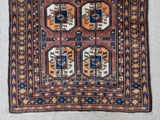 Old Baluch prayer rug with Tekke guls. 3'2" x 4'9" or 97 x 145cm. Soft, shiny, and fluffy wool. Great condition. 

Cheers.           