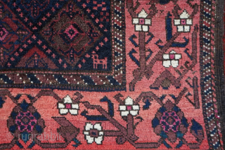 A very special Baluch piece. It has animal figures, cochineal use, cotton highlights, and a very well drawn border. 3'5" x 5'11" or 104 x 180cm. Please contact me with questions or  ...