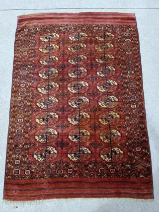 19th Century Tekke Turkmen dip khali rug. 4'0" x 5'10" or 122 x 178cm. Rare knotted elems and full pile. There are a few discolored/stained areas visible in the photo. And there  ...