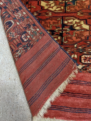 19th Century Tekke Turkmen dip khali rug. 4'0" x 5'10" or 122 x 178cm. Rare knotted elems and full pile. There are a few discolored/stained areas visible in the photo. And there  ...