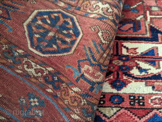 Mid 19th century Tekke main rug. 317 x 217 cm or 7'2" x 10'5". Scattered small holes that were secured. 

Please contact me at steven.malloch@gmail.com or gerrerugs@gmail.com for purchase or questions.  