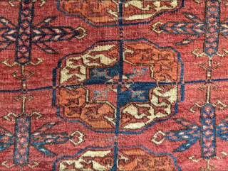 Mid 19th century Tekke main rug. 317 x 217 cm or 7'2" x 10'5". Scattered small holes that were secured. 

Please contact me at steven.malloch@gmail.com or gerrerugs@gmail.com for purchase or questions.  