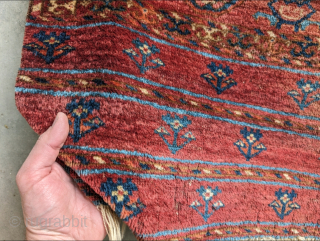 Mid 19th century Tekke main rug. 317 x 217 cm or 7'2" x 10'5". Scattered small holes that were secured. 

Please contact me at steven.malloch@gmail.com or gerrerugs@gmail.com for purchase or questions.  