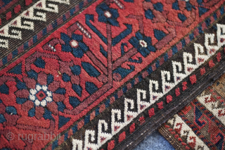 Published mina khani Baluch rug. Brian MacDonald's "Tribal Rugs: Treasures of the Black Tent" page 115, 2017 edition. Mid 19th century in surprisingly great condition. Heavy with depressed warps. 9'2" x 4'2"  ...
