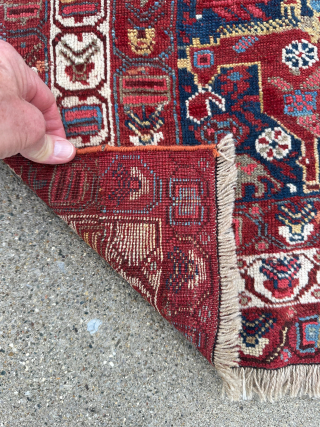 Unusual pictorial Khamseh rug with riders on horses. Wonderful piece with great colors. It has had some repiling in spots but no large repairs. 5'11" x 4'2" or 180 x 127cm. Email  ...