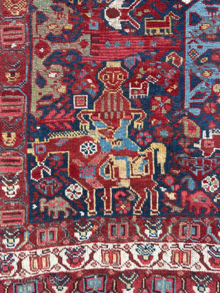 Unusual pictorial Khamseh rug with riders on horses. Wonderful piece with great colors. It has had some repiling in spots but no large repairs. 5'11" x 4'2" or 180 x 127cm. Email  ...