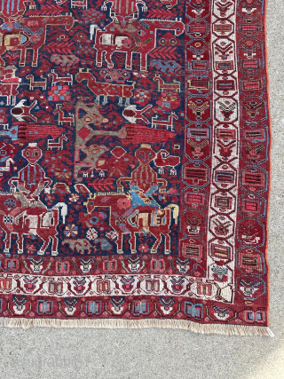 Unusual pictorial Khamseh rug with riders on horses. Wonderful piece with great colors. It has had some repiling in spots but no large repairs. 5'11" x 4'2" or 180 x 127cm. Email  ...