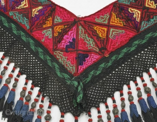 Uzbek Lakai, Saye Gosha yurt ornament. Likely mid 1900s. Suzani style chain silk embroidery in pink, green, yellow and crimson on cotton, suspending netting weave and wool tassels with metal beads. 30"h  ...