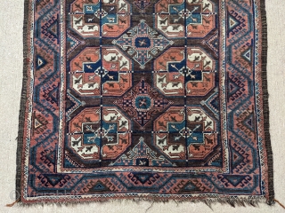 Attractive antique Mahdad Khani Baluch with a lot of blue greens. 3'4" x 5'10" or 102 x 178cm. Some oxidized brown otherwise good pile.

Cheers.         