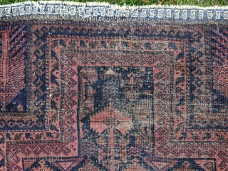 Mid 19th Century Timuri Baluch prayer rug. 3'1" x 4'2" or 94 x 127cm. The field design is common on Chakhansur larger rugs. No holes, beautiful embroidered end with multi color selvedges,  ...